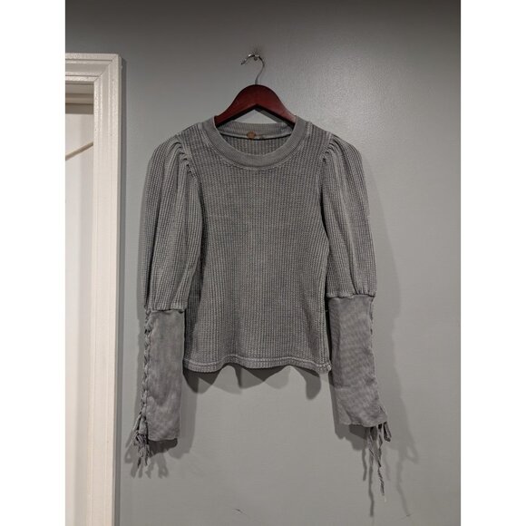 Free People FP ONE Tasha Lace Up Sleeve Thermal Waffle Knit Top Size XS Gray - Picture 1 of 16